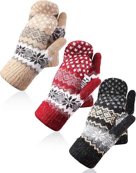 Pack Of 3 Pairs Warm Winter Gloves For Women Extra Thick Knitted Imitation Suitable Cold Weather (Style A) Gloves & Mittens