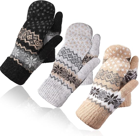 Pack Of 3 Pairs Warm Winter Gloves For Women Extra Thick Knitted Imitation Suitable Cold Weather (Style B) Gloves & Mittens