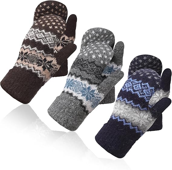 Pack Of 3 Pairs Warm Winter Gloves For Women Extra Thick Knitted Imitation Suitable Cold Weather (Style D) Gloves & Mittens