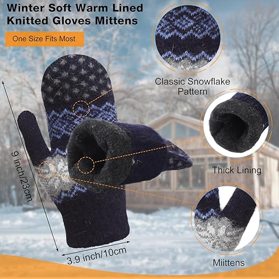 Pack Of 3 Pairs Warm Winter Gloves For Women Extra Thick Knitted Imitation Suitable Cold Weather (Style D) Gloves & Mittens