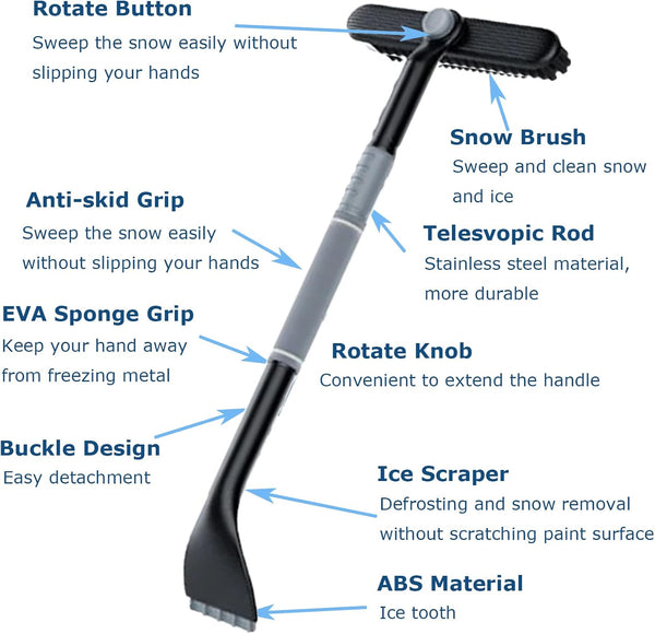 3 In 1 Extendable Snow Brush & Ice Scraper For Car Windows Gray Ice Scrapers & Snow Brushes