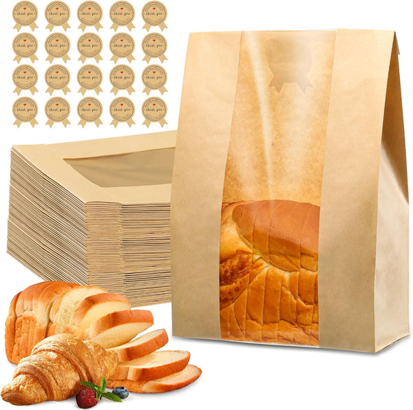 Bread Bag Kraft Paper With Transparent Window 23.5*12*5 Cm | Small Baking Suitable For Storing Cookies And Snacks Includes Resealable Tape Food Storag