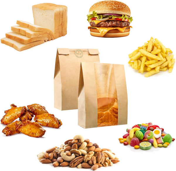 Bread Bag Kraft Paper With Transparent Window 23.5*12*5 Cm | Small Baking Suitable For Storing Cookies And Snacks Includes Resealable Tape Food Storag