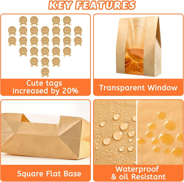 Bread Bag Kraft Paper With Transparent Window 30*12*9 Cm | Medium Baking Suitable For Storing Cookies And Snacks Includes Resealable Tape Food Storage