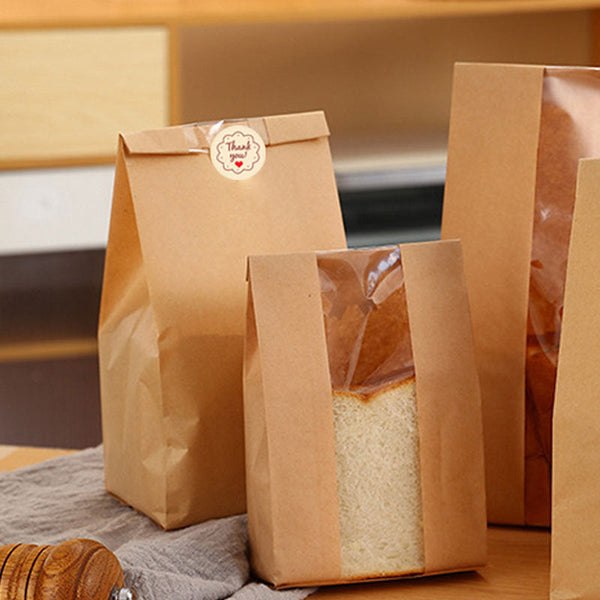 Bread Bag Kraft Paper With Transparent Window 30*12*9 Cm | Medium Baking Suitable For Storing Cookies And Snacks Includes Resealable Tape Food Storage