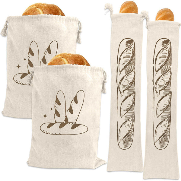 Bread Bag | Pack Of 4 Reusable Bags Drawstring Storage Washable Fabric Breathable Cotton For Homemade Baguettes And Other Pastries Black Food Storage