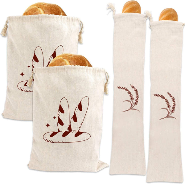 Bread Bag | Pack Of 4 Reusable Bags Drawstring Storage Washable Fabric Breathable Cotton For Homemade Baguettes And Other Pastries (Coffee Brown) Food