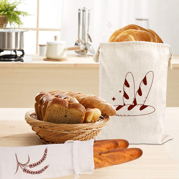 Bread Bag | Pack Of 4 Reusable Bags Drawstring Storage Washable Fabric Breathable Cotton For Homemade Baguettes And Other Pastries (Coffee Brown) Food