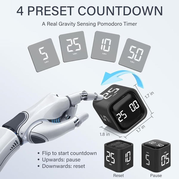 Pomodoro Timer 25/5/10 Min Desk Vibration Volume Adjustable Productivity Clock Timers