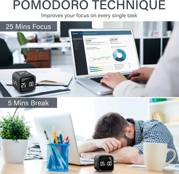 Pomodoro Timer 25/5/10 Min Desk Vibration Volume Adjustable Productivity Clock Timers