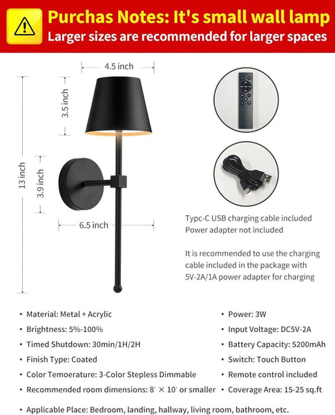 Wireless Wall Lamps 2 Pack Led With Rechargeable Battery Stepless Dimmable Remote Control Wall Lights