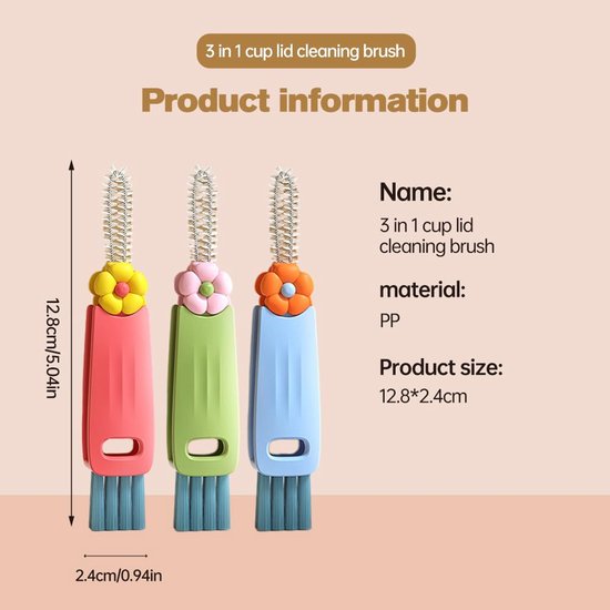3 In 1 Multifunctional Crevice Brush For Cups And Bottles Multicolor Bottle Brushes