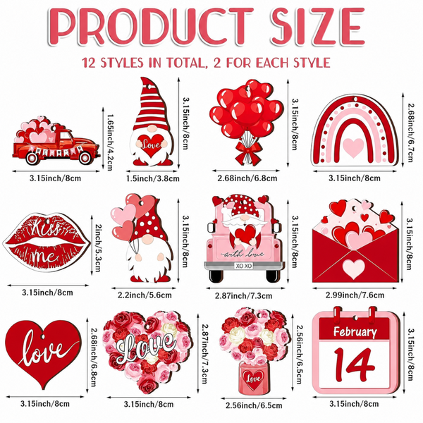 24 Piece Valentine's Heart Shaped Ornaments With Cord Seasonal Decorations