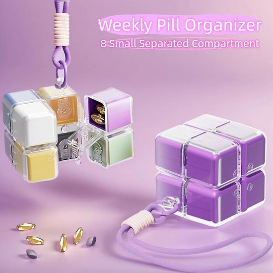 Medicine Box 7 Day Weekly Pill Portable For Travel Easy To Open 8 Compartments Storing Vitamins And Medicines Purple Pill Boxes