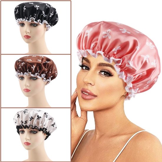 Double Layer Waterproof Shower Cap For Women & Girls A Reusable Elastic Comfortable With Print (White) Other Shower & Bath Accessories