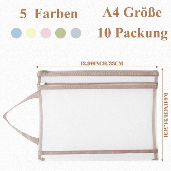 Set Of 10 Colorful A4 Mesh Zipper With Handles Storage Bags