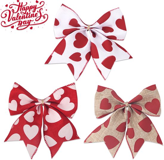 Valentine's Day Decorations Heart Print Bows Set Of 3 Wedding Gift Accessories Handmade Linen Ribbons & Bows