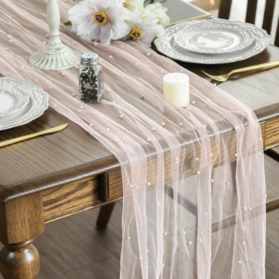 Pink Gauze Table Veil With White Pearls 30" X 120" For Parties & Weddings Seasonal Decorations
