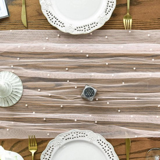 Pink Gauze Table Veil With White Pearls 30" X 120" For Parties & Weddings Seasonal Decorations