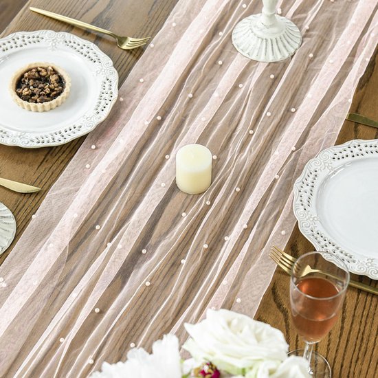 Pink Gauze Table Veil With White Pearls 30" X 120" For Parties & Weddings Seasonal Decorations
