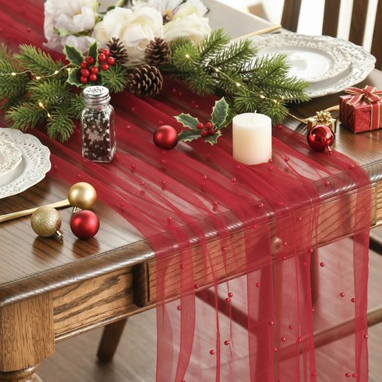 Red Table Veil With White Pearls 30X120" Silky Gauze For Parties Seasonal Decorations