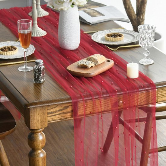 Red Table Veil With White Pearls 30X120" Silky Gauze For Parties Seasonal Decorations