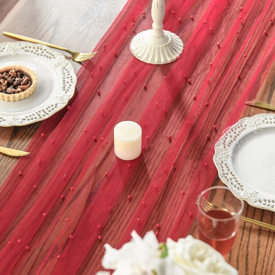 Red Table Veil With White Pearls 30X120" Silky Gauze For Parties Seasonal Decorations