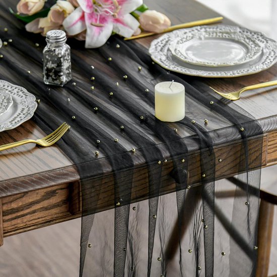 Black Gauze Table Veil With White Pearls 30X120 Inches For Parties Table Runners