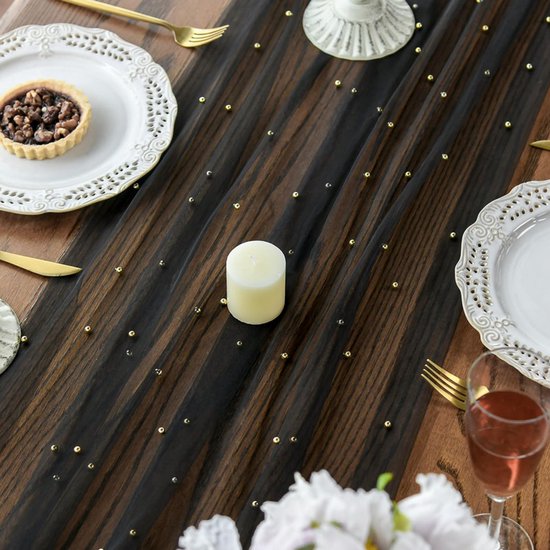 Black Gauze Table Veil With White Pearls 30X120 Inches For Parties Table Runners