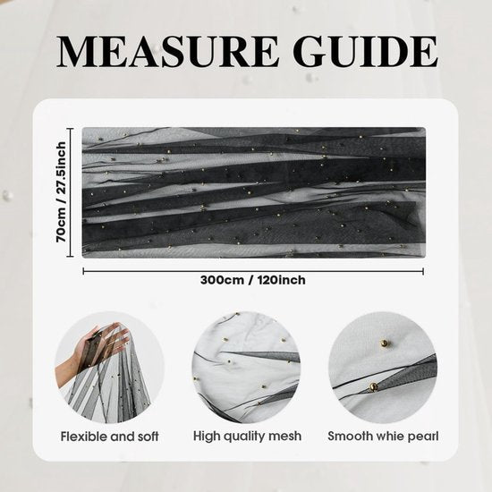 Black Gauze Table Veil With White Pearls 30X120 Inches For Parties Table Runners