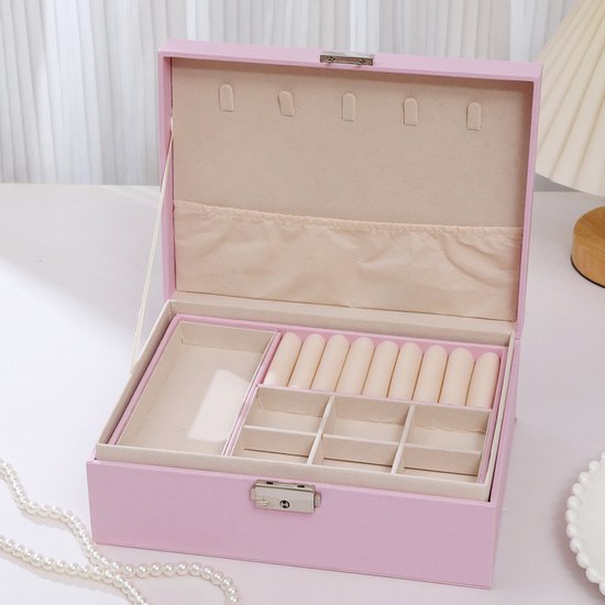 2 Tier Pink Jewelry Box With Lock And Removable Drawer Large Storage Jewellery Boxes