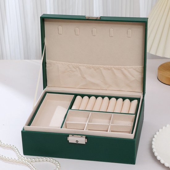 2 Tier Jewelry Box With Removable Drawer & Lock Large Storage Capacity For All Green Jewellery Boxes
