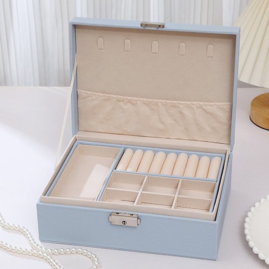 2 Tier Jewelry Box With Removable Drawer & Lock Large Storage Capacity For All Blue Jewellery Boxes