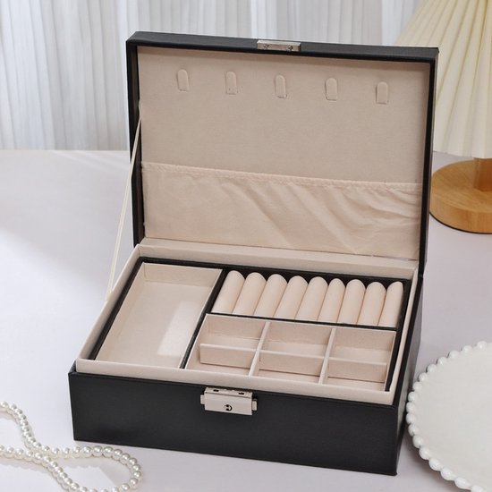 2 Tier Jewelry Box With Removable Drawer & Lock Large Storage Capacity For All Black Jewellery Boxes