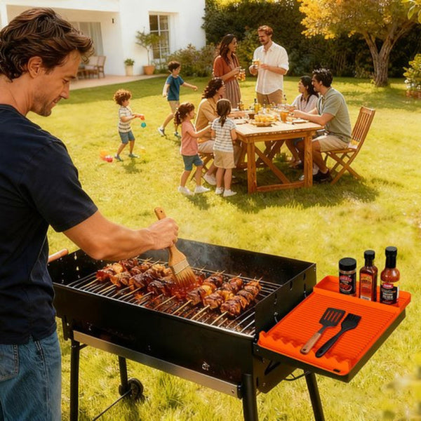 Silicone Bbq Grill Mat 8 Slot With Drip Tray Heat Resistant And Dishwasher Safe 40X27 Cm Orange Barbecue Accessories