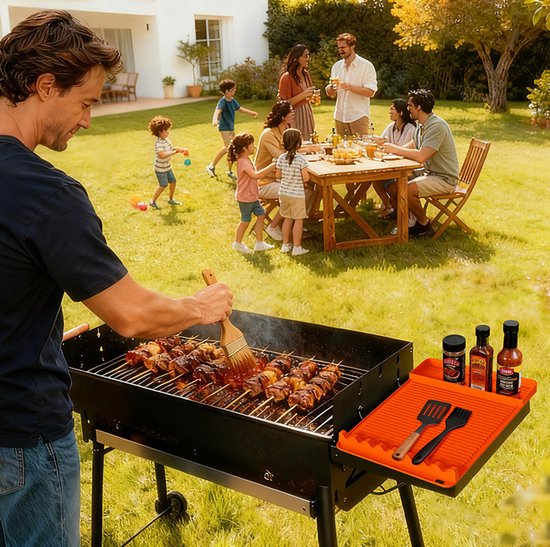 Silicone Bbq Grill Mat With Drip Tray Heat Resistant 8 Slots Black 40X27cm Barbecue Accessories