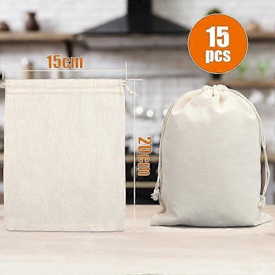15 Pack 20X15cm Cotton Drawstring Bags Reusable Linen Gift Storage Bags