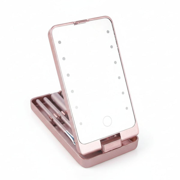 Led Makeup Mirror Lighted Set Of 5 Brushes Storage Cover Dustproof Pink Makeup Mirrors