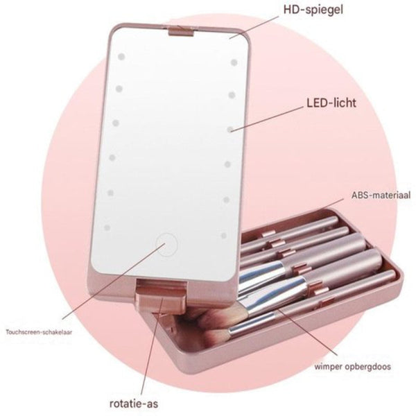Led Makeup Mirror Lighted Set Of 5 Brushes Storage Cover Dustproof Pink Makeup Mirrors