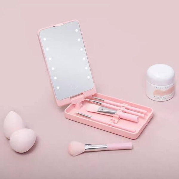 Led Makeup Mirror Lighted Set Of 5 Brushes Storage Cover Dustproof Pink Makeup Mirrors