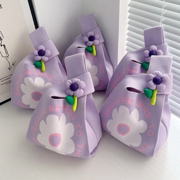 Set Of 2 Floral Knit 35X20cm Versatile Handbag & Organizer Storage Bags