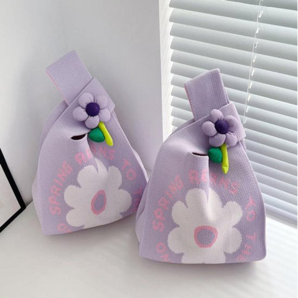 Set Of 2 Floral Knit 35X20cm Versatile Handbag & Organizer Storage Bags