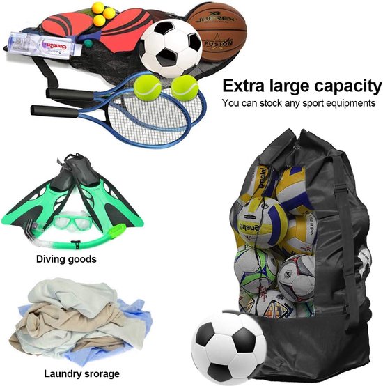 Large Waterproof Soccer Ball Bag Holds 15 Black Oxford Fabric Balls