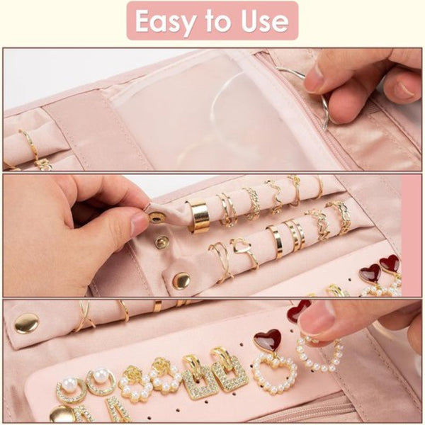 Pink Travel Jewelry Organizer Bag Foldable & Tangle Free Storage Storage Bags