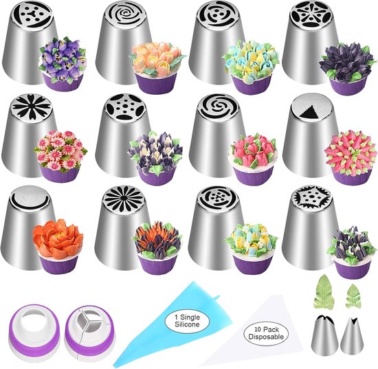 27 Piece Cake Decorating Tip Set: Flower Leaf Adapters & Piping Bags Other Decorating Tools