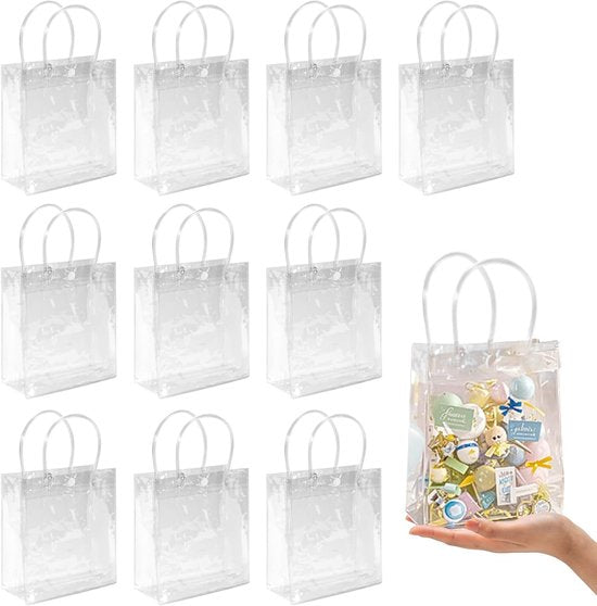 10 Pack Clear With Handles Mini Party 5.9 X 6.29 Inches Candy Gift Bags