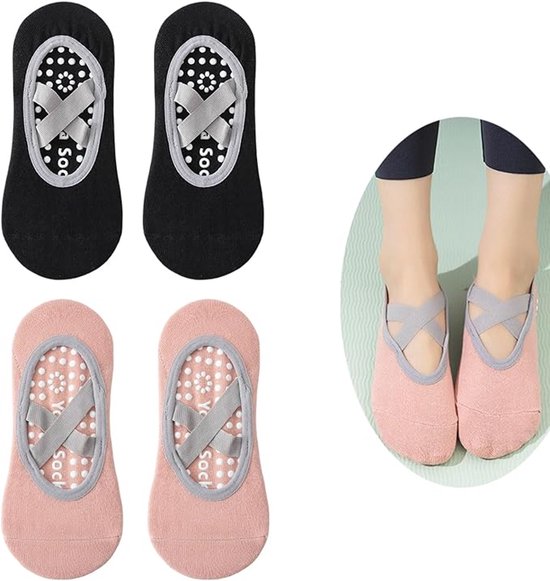 Yoga Non Slip Womens Pilates Fitness Dance 2 Pairs Size 35 41 Black And Pink Socks