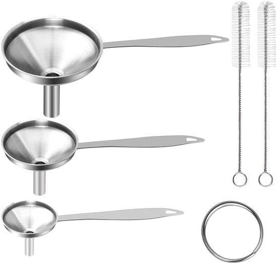 Stainless Steel Funnel Set Of 3 Kitchen Various Sizes Long Handles With 2 Cleaning Brushes Funnels