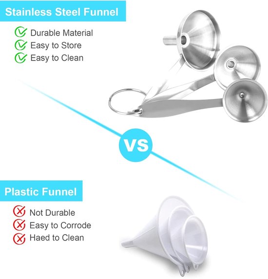 Stainless Steel Funnel Set Of 3 Kitchen Various Sizes Long Handles With 2 Cleaning Brushes Funnels