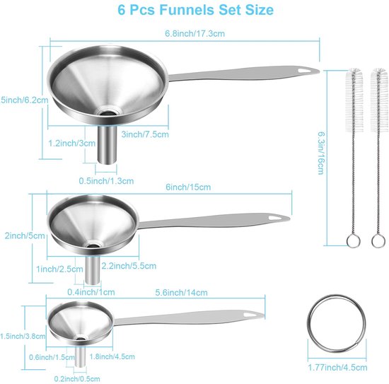 Stainless Steel Funnel Set Of 3 Kitchen Various Sizes Long Handles With 2 Cleaning Brushes Funnels